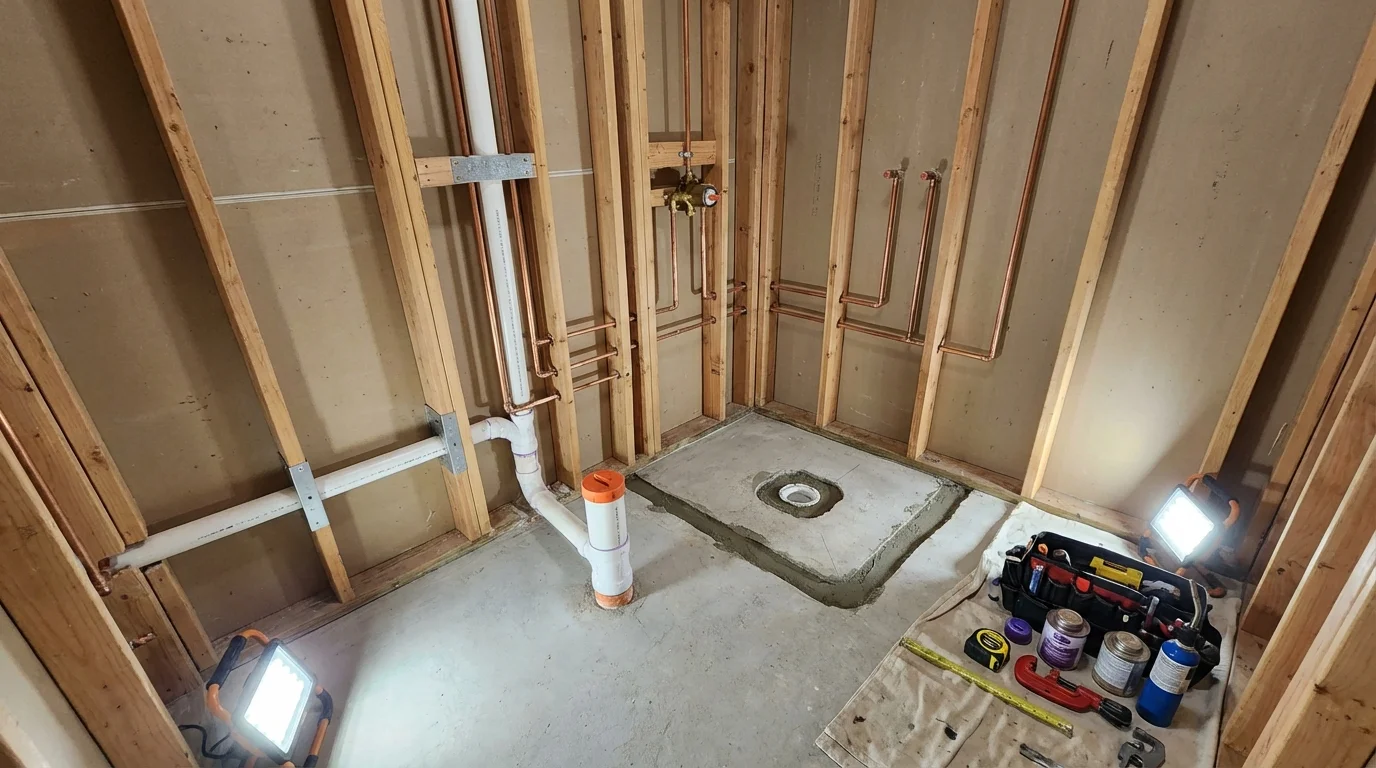 Bathroom rough-in plumbing during remodel by Johns Plumbing LLC in Plainfield