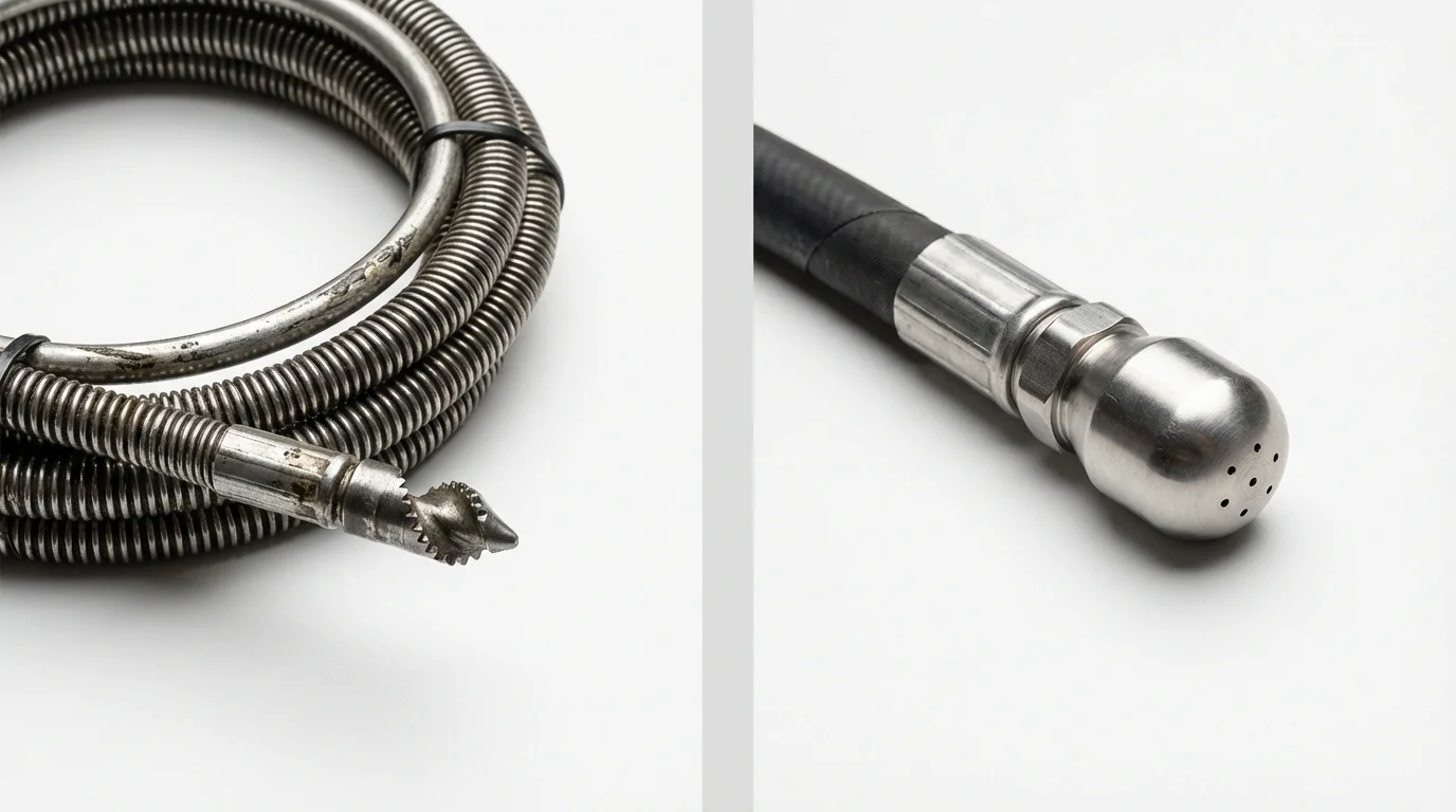 Drain snake cable and hydro jetting nozzle used for drain cleaning in Plainfield, NJ