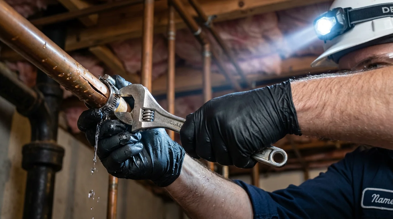 Emergency pipe clamp repair being performed by a Johns Plumbing LLC plumber in Plainfield
