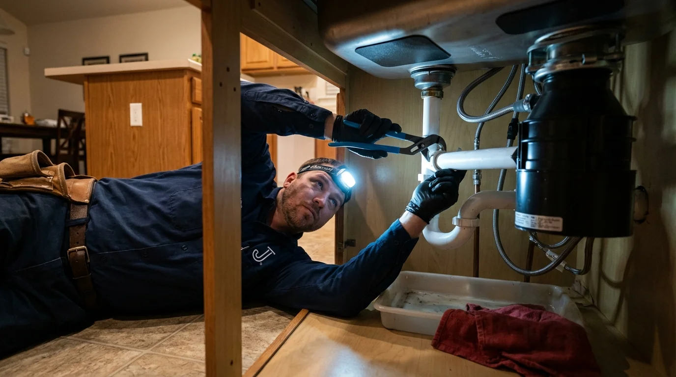 P-trap and supply line connections under a kitchen sink showing a common leak point in Plainfield, NJ